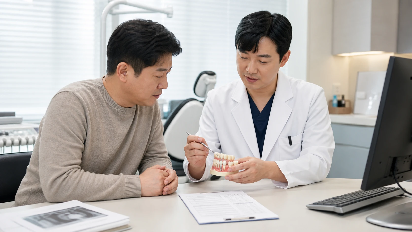 임플란트 뼈이식 비용 상담에서 확인 항목을 살펴보는 장면