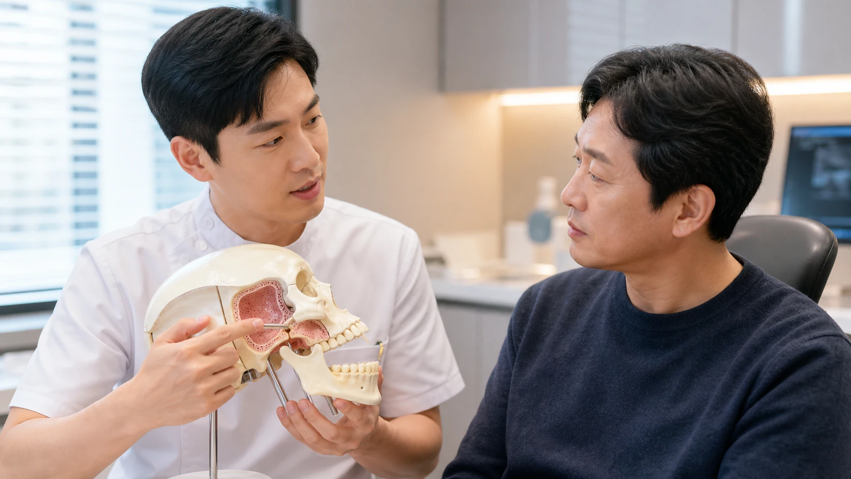 임플란트 건강보험 적용 상담에서 확인 항목을 살펴보는 장면